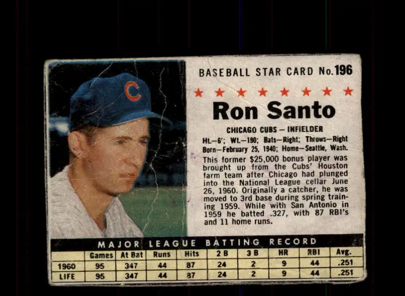 1961 Post Cereal (F278-33) #196 Ron Santo - (pk3) - Chicago Cubs
