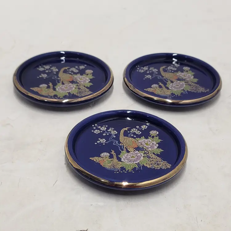 Set Of 3 Peacock Cobalt Blue Coasters With Gold Trim