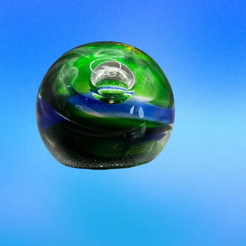 Swirling Green Blue Paperweight 2 1/2” Round Controlled Bubble In Center