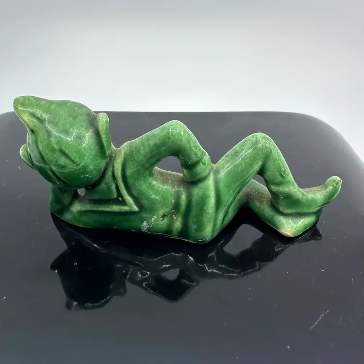 Vintage 1950s Green Pixie Elf Laying Down Porcelain Figurine