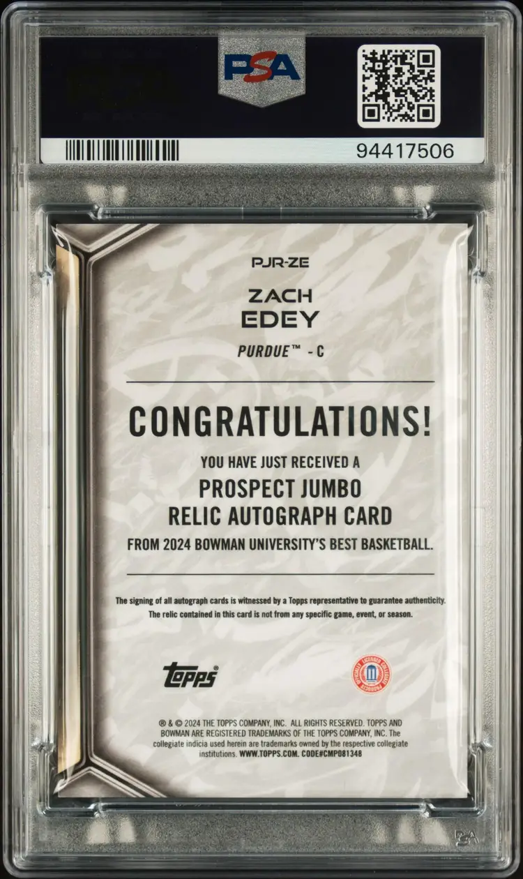 2023-24 Bowman U Best Jumbo Relic Patch Auto Zach Edey PSA 9 - Purdue