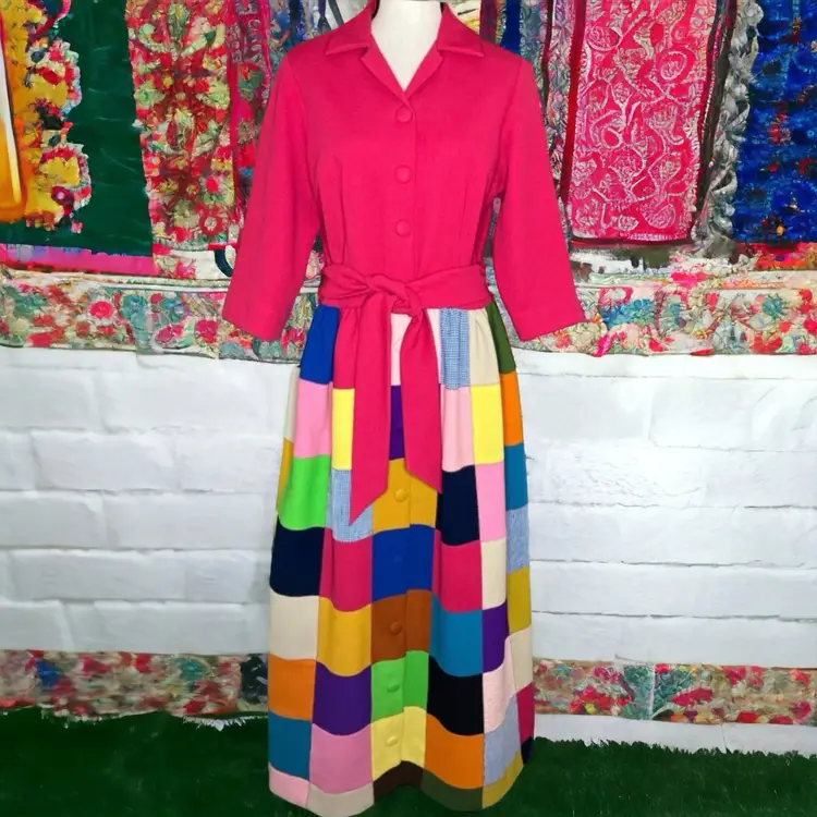 70’s Vintage Patchwork Double Knit Pink Multi Covered Button Maxi Dress M/L