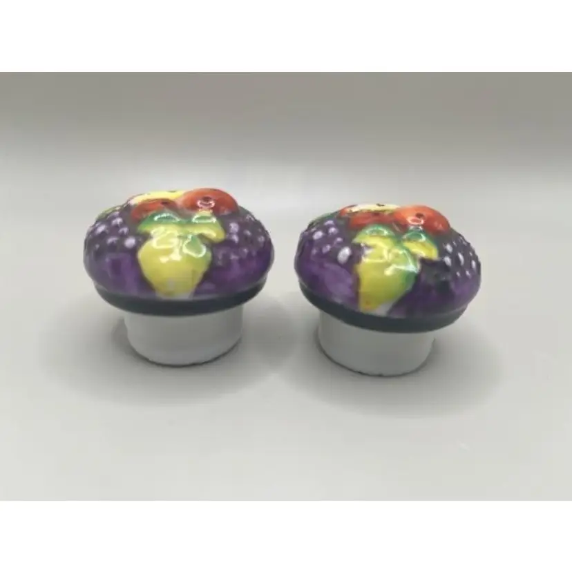 Vintage Mushroom Fruit-Themed Ceramic Salt and Pepper Shakers ~ Missing Basket Stand ~ Measures 1.5 inches tall