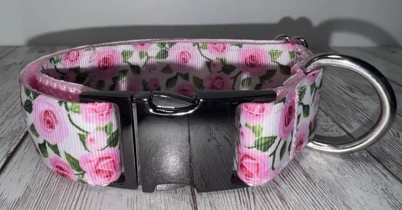 Dog Or Puppy Collar Pink Roses 1” Wide Small Handmade NEW With Metal Buckle