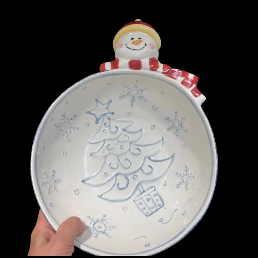 Maxcera “Winter Welcome”-Large Holiday Serving Bowl- Snowman Handle- Embossed Tree And Snowflakes- 9.5” Diameter, 13.5” Wide, 4” Tall