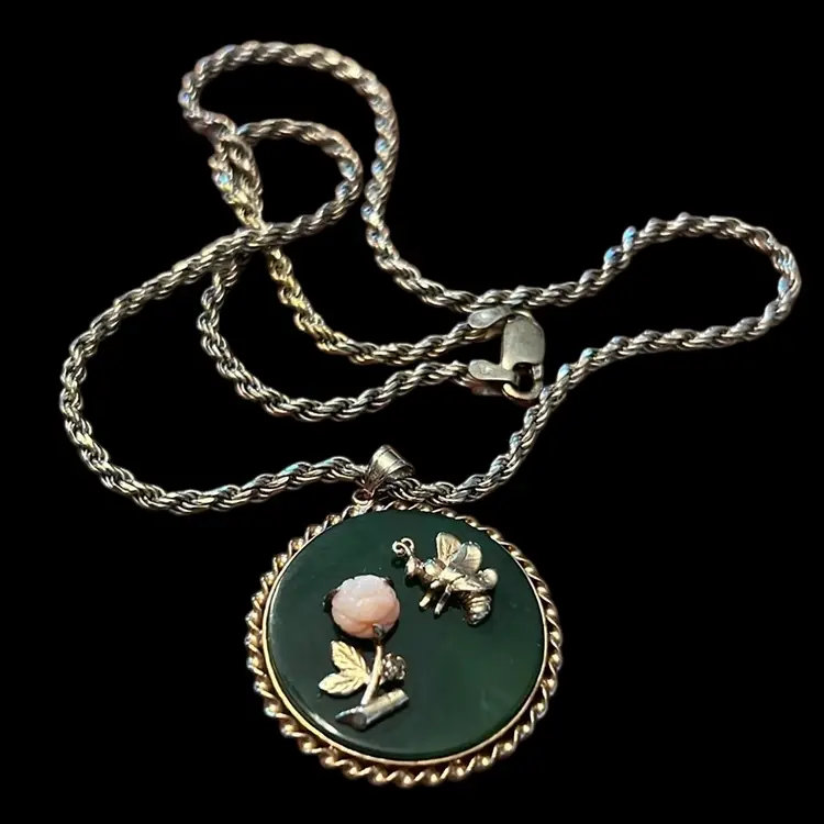 Vintage Jade Pendant w Bee & Carved Stone Rose + 20” Italy 925 Chain