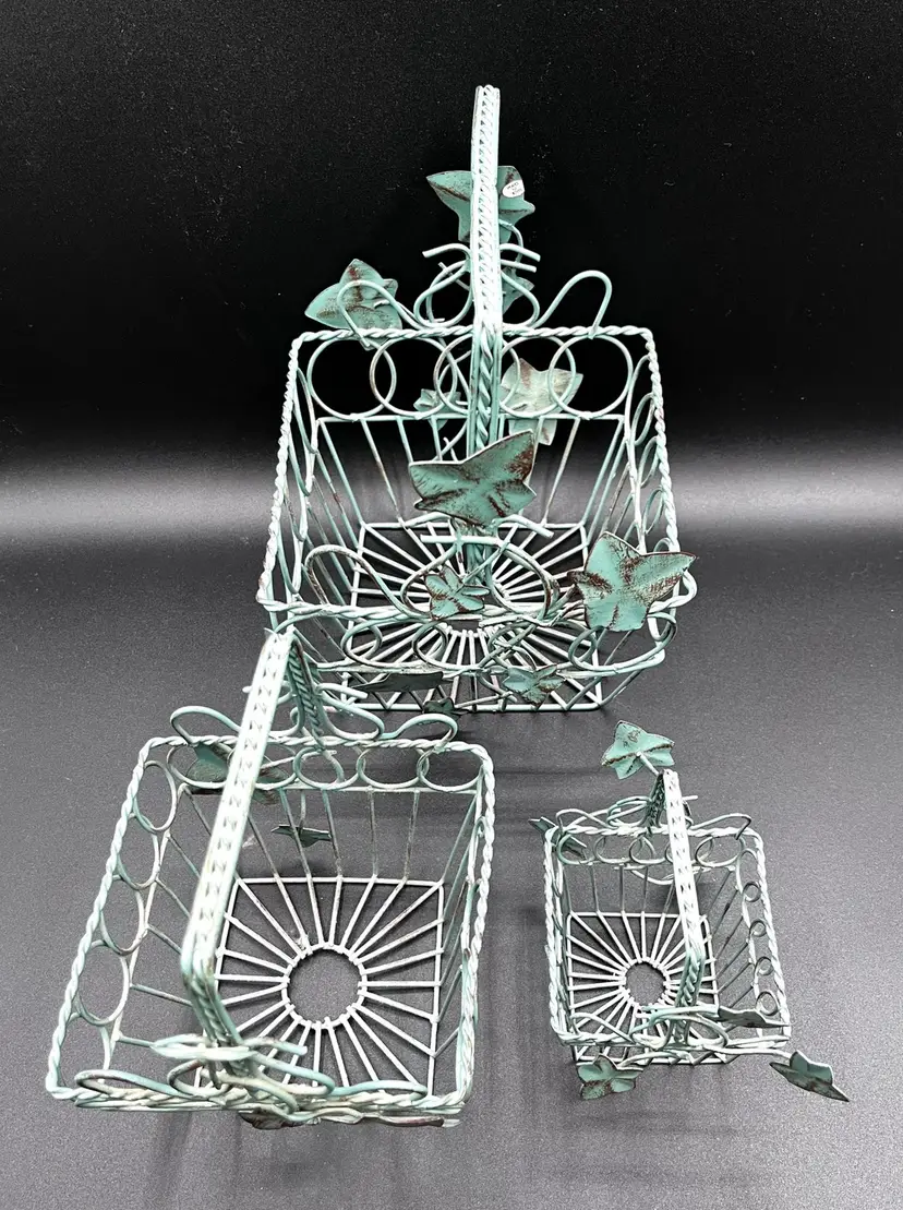 Trio Of Green Ivy Detailed Nesting Metal Handled Baskets 🧺 14.5”