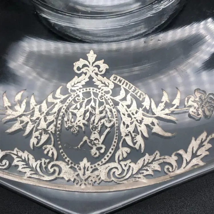 Silver Overlay Glass Pedestal Cake Dessert Plate Greek Goddess 10" dia