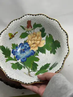 Vintage 9” Chinese Cloisonne Enamel Brass Floral Serving Bowl