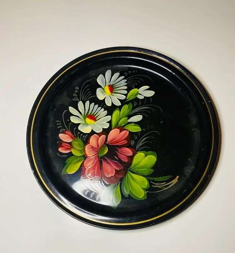 Vintage Russian Hand Painted Set of 2 Small Trays Folk Art European Decor Old World