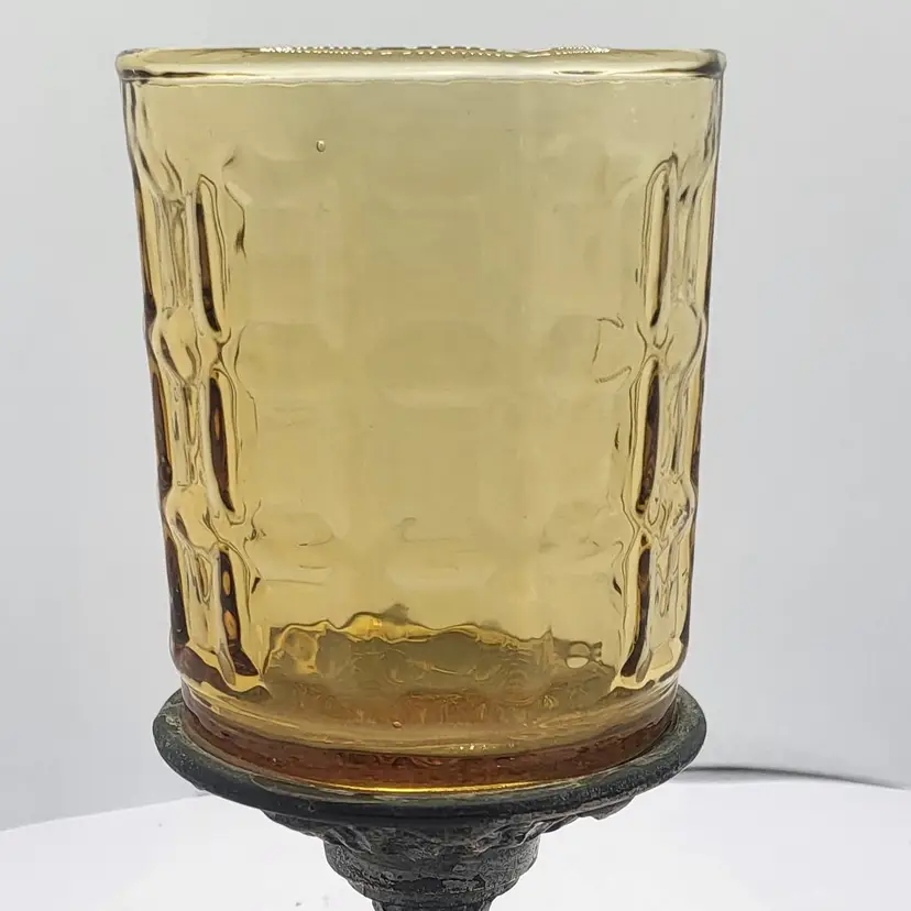 Vintage Amber Glass Candle Holder  6" beautiful patina metal base