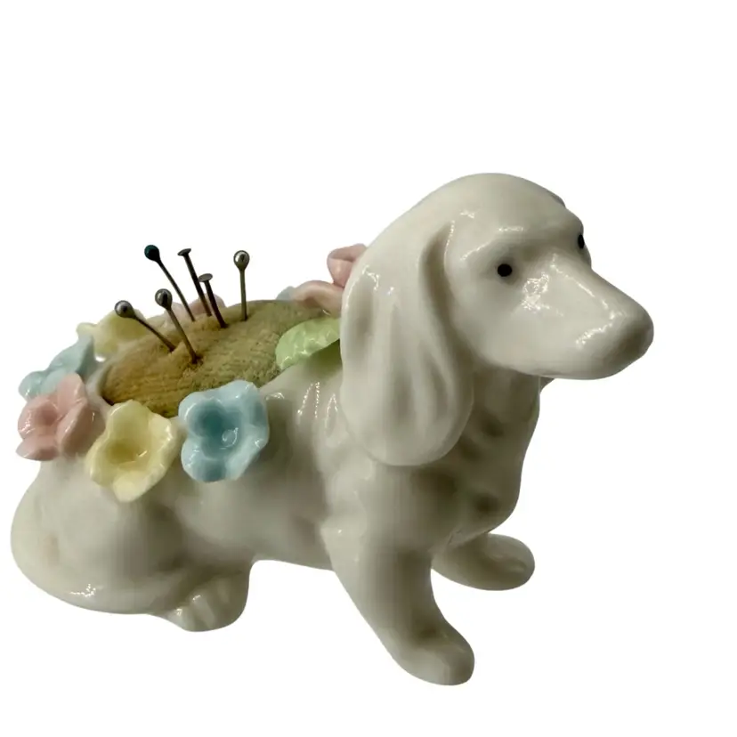 Vintage  White Ceramic Porcelain Dachshund Pin Cushion Applied  Pastel Flowers
