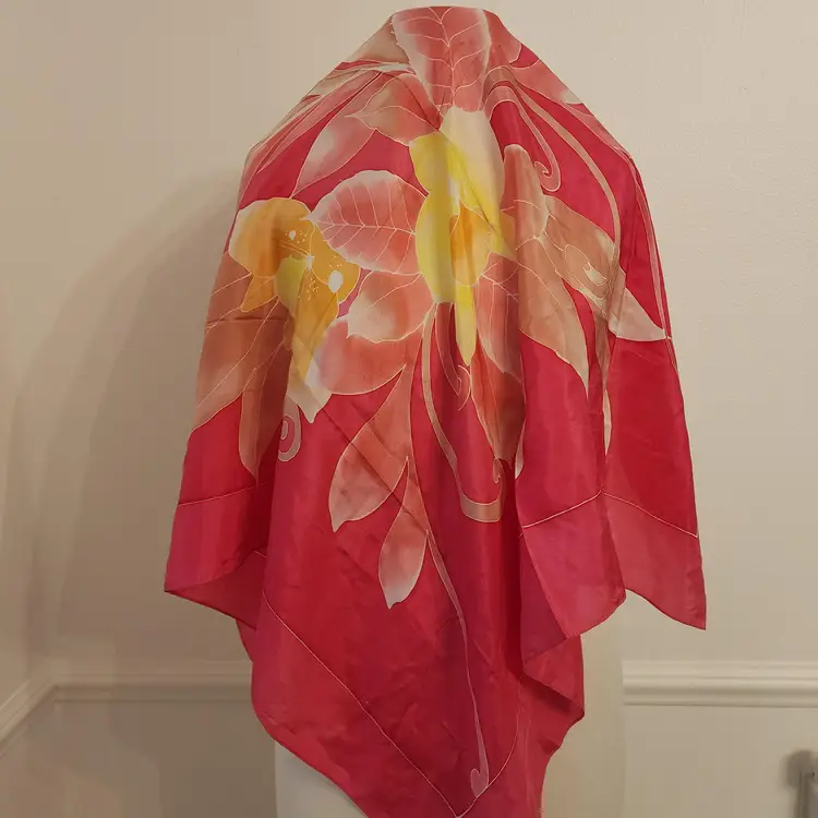 Vintage Floral Silk Batik Scarf With Yellow & Pink Flowers 34"