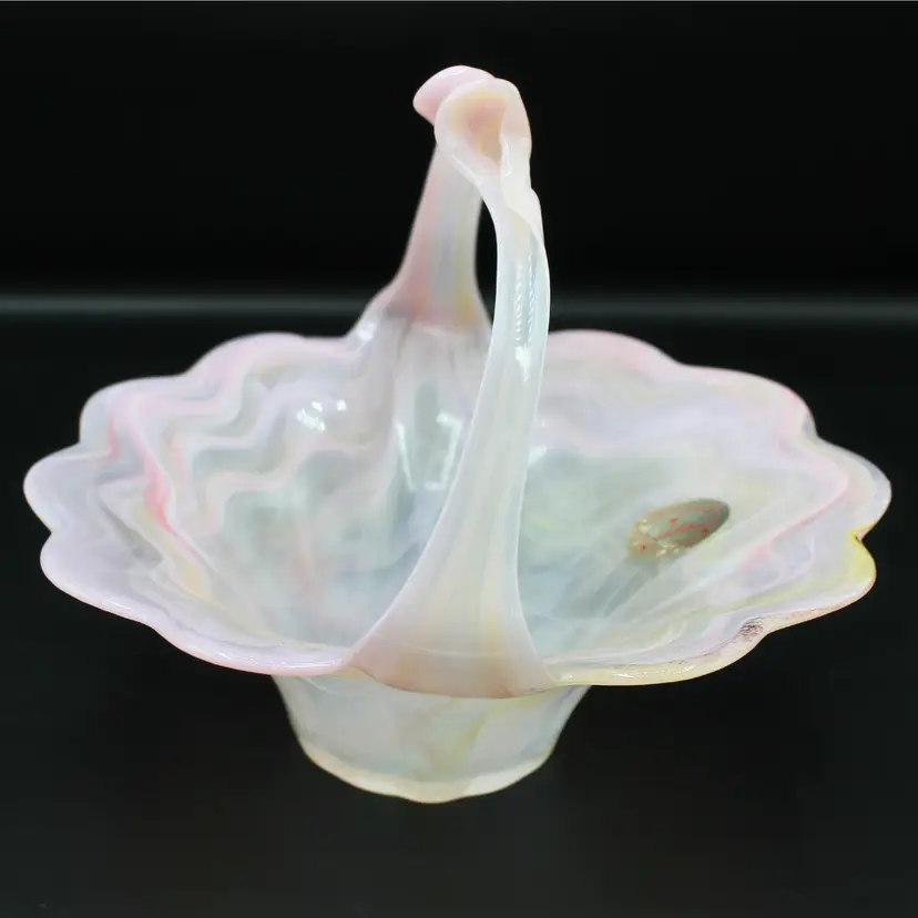 Vintage Pink Blown Art Glass Basket Murano Style Made in Italy Scallop Edge