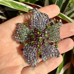 Signed C6 Silver Tone Rhinestone Flower Brooch (Pendant Optional) | Purple Green