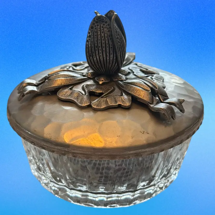 Rodney Kent Glass Candy/ Trinket Vanity Dish W/ Hammered Aluminum Tulip Lid