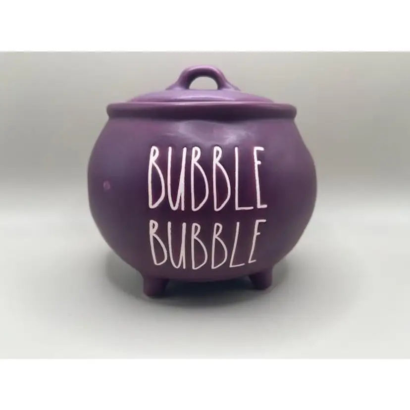 #02 - Rae Dunn Purple Ceramic Cauldron with 'Bubble Bubble' Text ~ Measures 5 inches tall