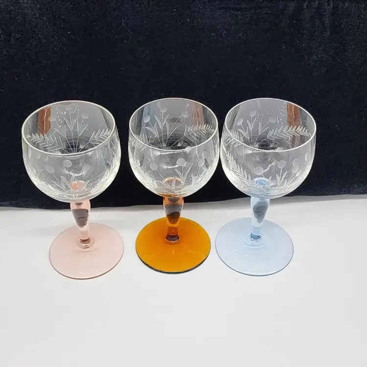 Tiffin Etched Blue Pink & Amber Stemware Wine Glass 5.5" Vintage