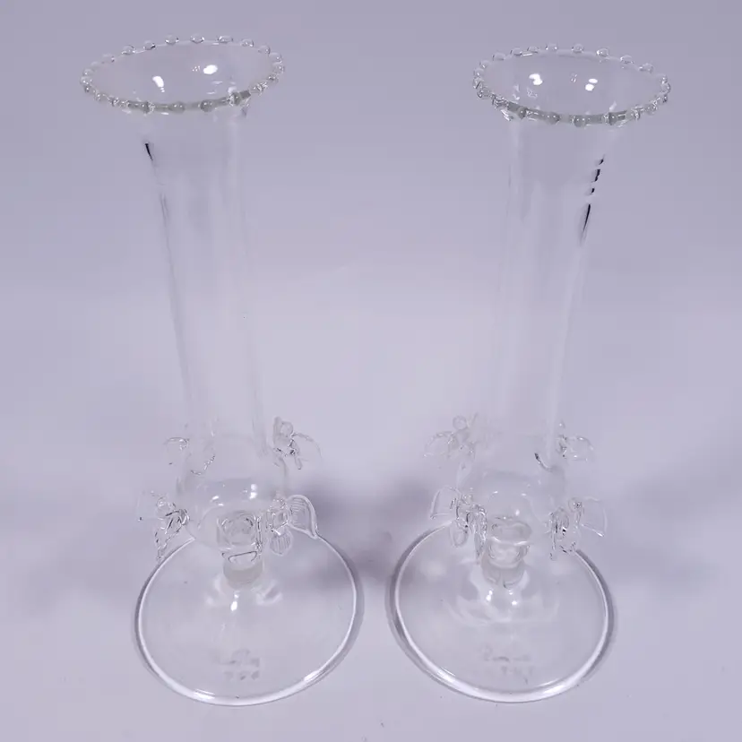 SIGNED Vintage Elegant Hand Blown Crystal Birds Dove Beaded BUD VASE SET