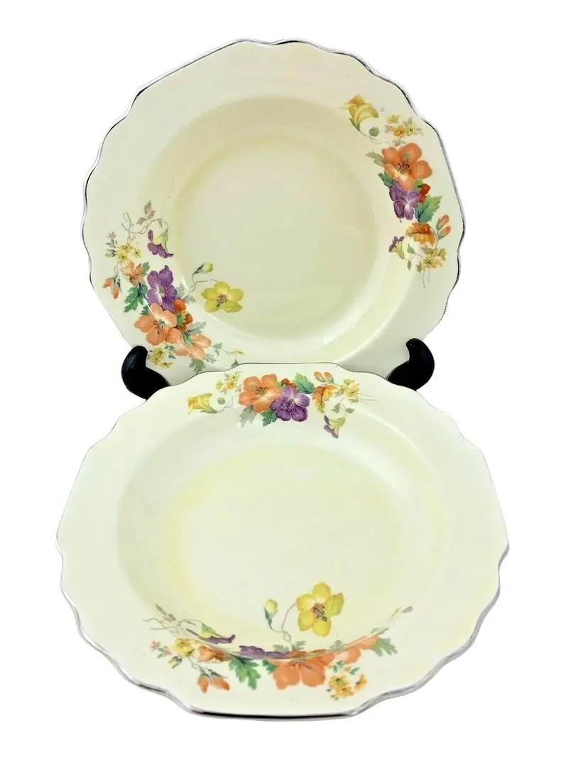 Vintage W.S. George Lido Canarytone Pair of Rimmed Soup Bowls 8" Floral Pattern