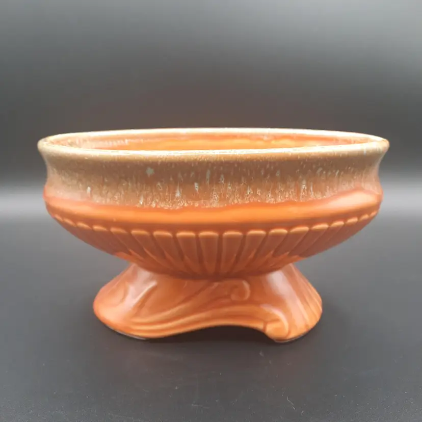 Vintage MCM Burnt Orange Olive Green Glaze Pottery Oval Pedestal Bowl Planter