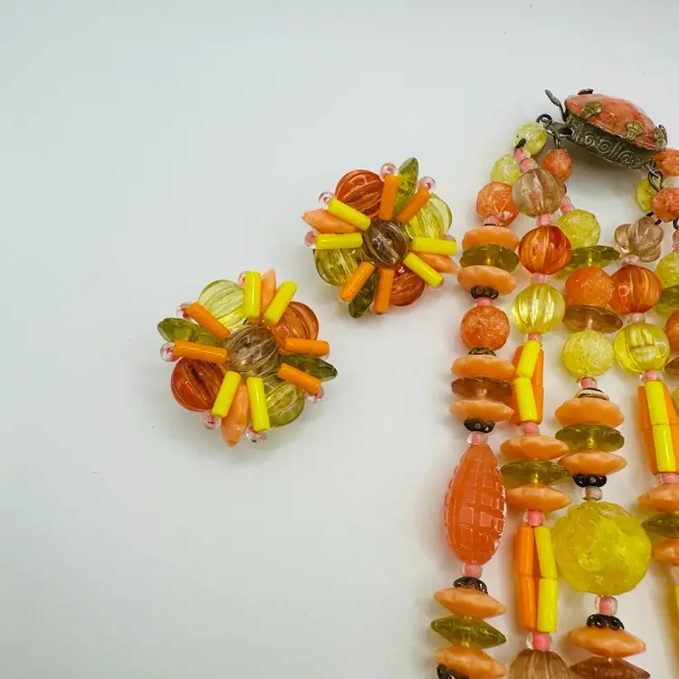 Vintage West Germany Textured Beaded Necklace And Earrings