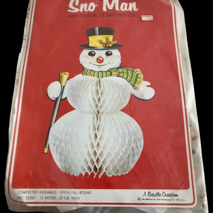 NOS 1979 Honeycomb Body Snowman ⛄️ Art Tissue Centerpiece 13”
