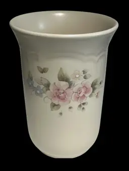 Vintage Pfaltzgraff USA -“Tea Rose”-Floral Stoneware Vase – Utensil Holder – 7” Tall, 4.75”wide - Cottage Core