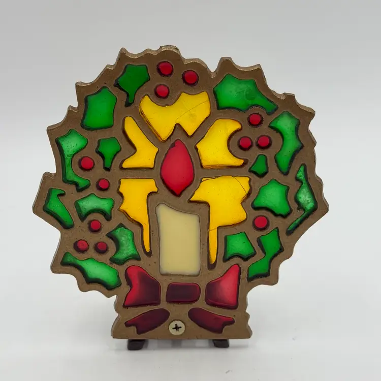 Christmas Stained Glass Cast Iron Vintage Tealight Holder Holly & Berries Wreath