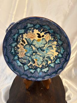 Signed Portuguese Blue Floral Terra Cotta dish