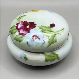 Porcelain Round Trinket Box Hand Painted Flowers 3.5”