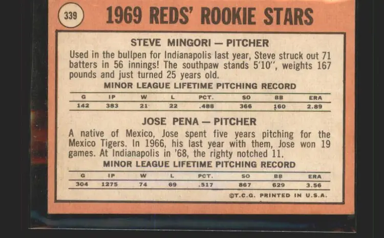 Reds 1969 Rookie Stars (Steve Mingori / Jose Pena) 1969 Topps #339 - (140) - Cincinnati Reds