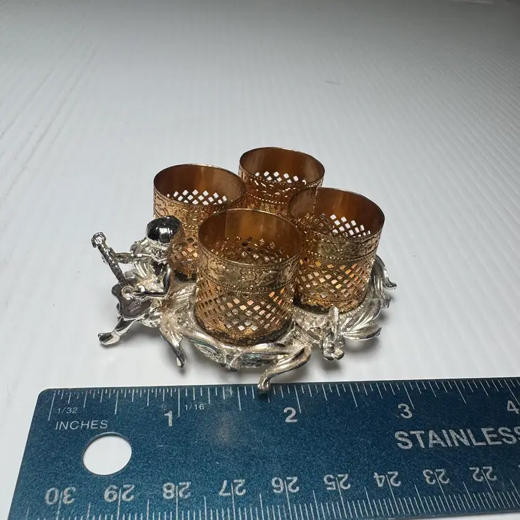 Vtg Sam Fink Vanity Tray Silver Boy & Guitar Ormolu Filigree Lipstick Holder