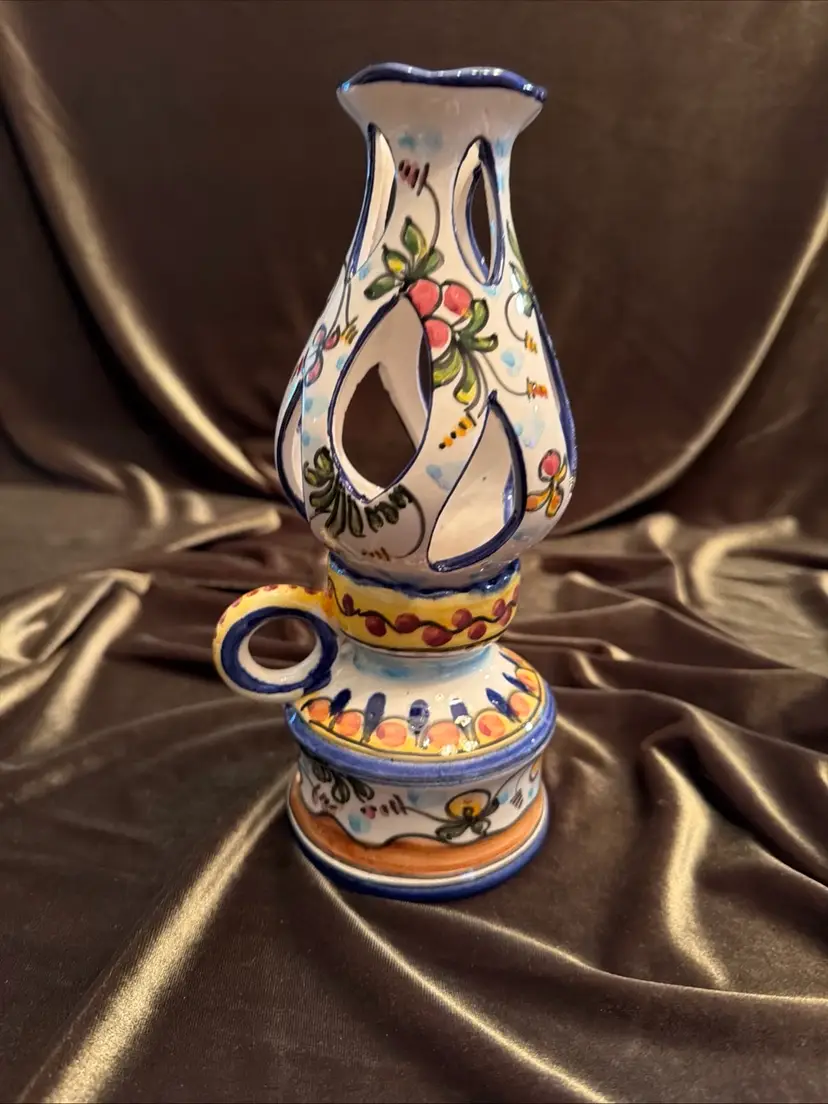 SECULO XV11 Hand Painted In Portugal Oil Lamp,candle Holder Signed
