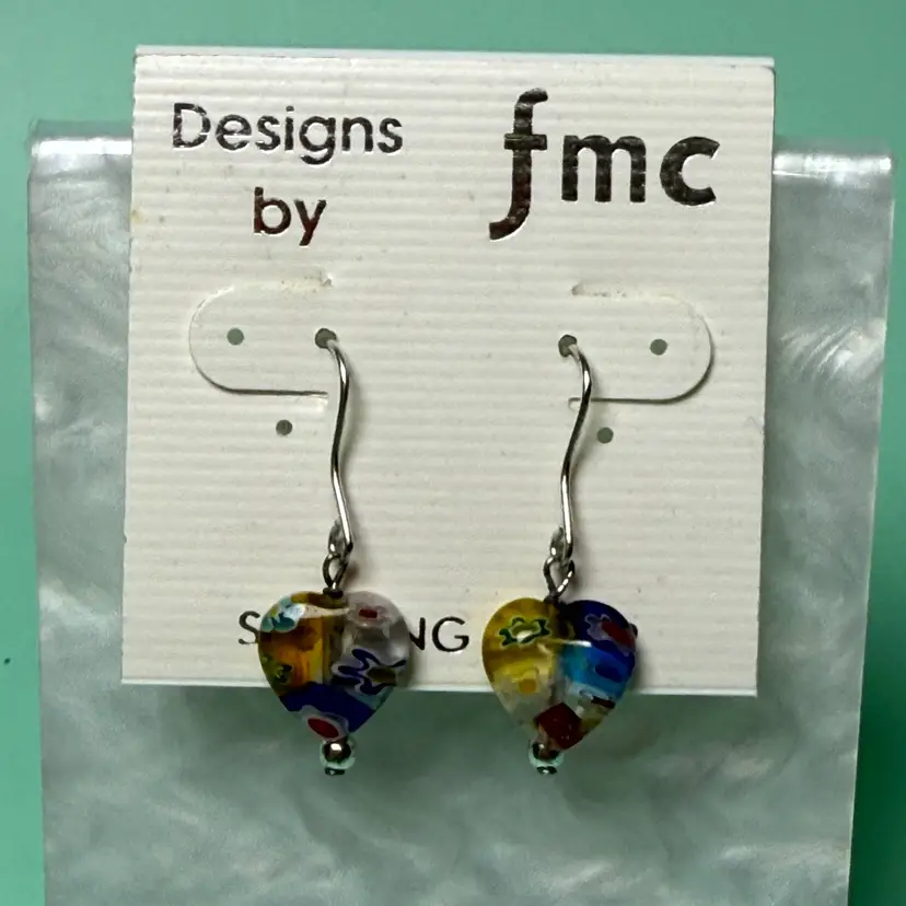 Sterling Silver Multicolored Millefiori Glass Heart Dangle Earrings fmc New NWT