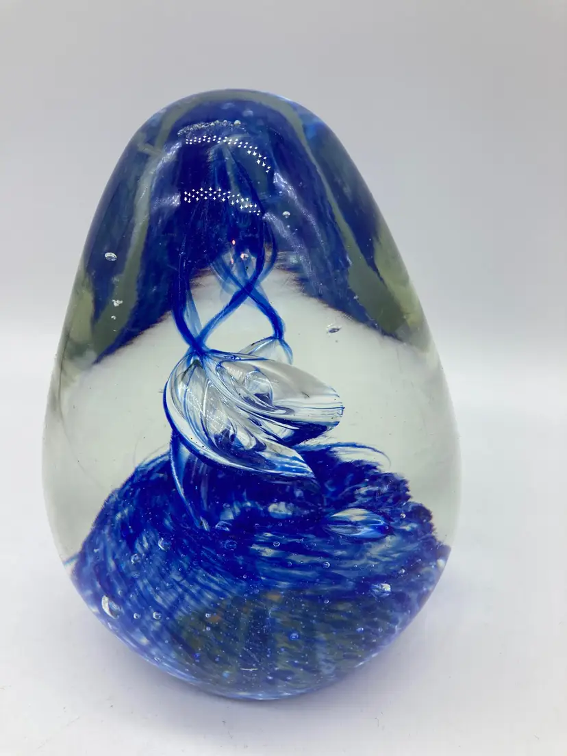 Tall Egg Shaped Blue Swirled Glass Paperweight