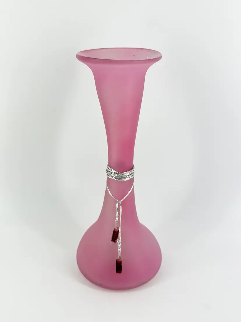 Pink Satin Blown Art Glass 12" Narrow Neck Vase Applied Glass Swirls