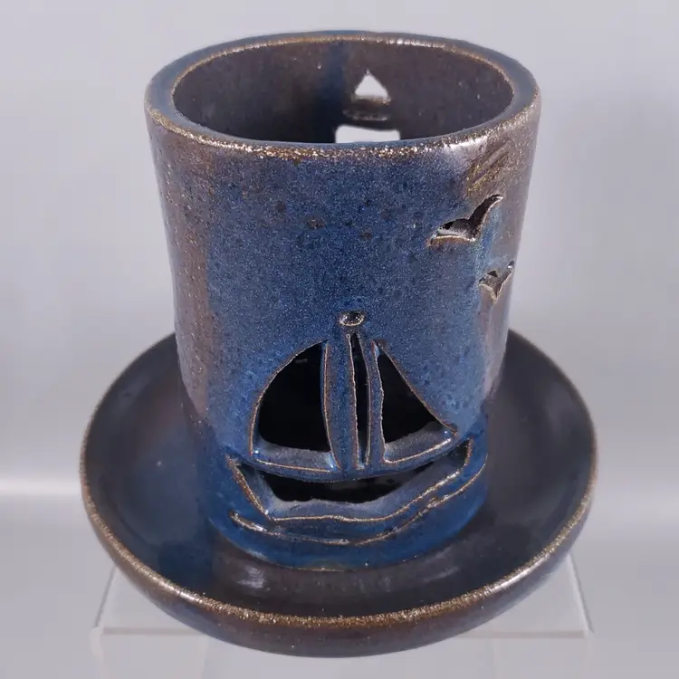 Vintage SIGNED STONEWARE ART POTTERY Sail Boat Lighthouse TEA LIGHT LUMINARY
