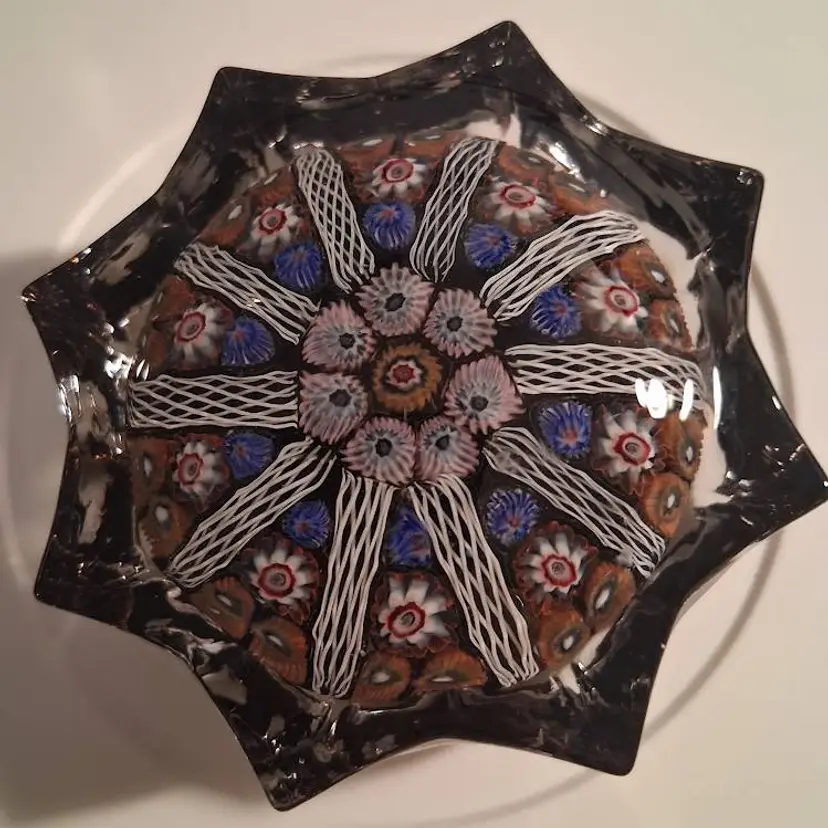 Vintage Strathearn Lg Pressed 8 Point Star Brown/Blue Glass Paperweight w/Latticinio & Paneled Millefiori