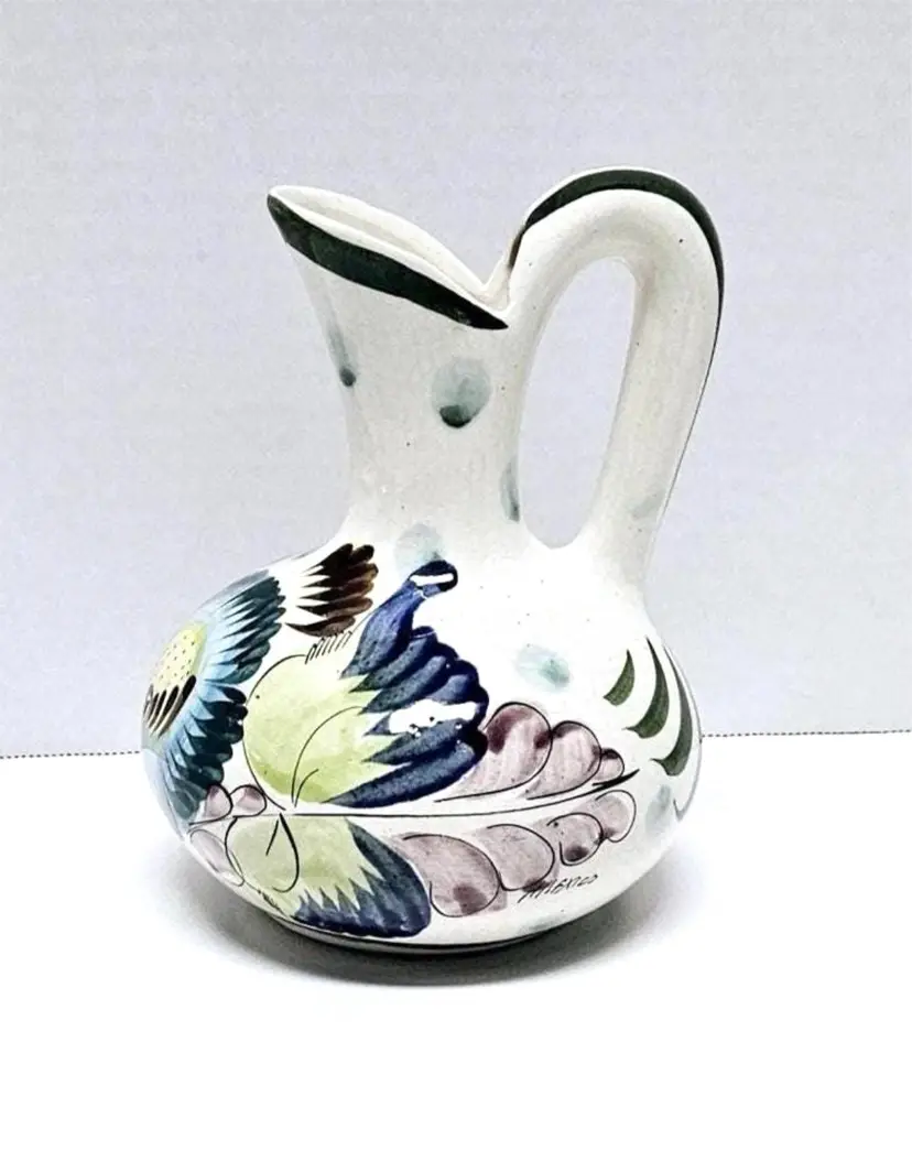 Vintage Mexican Folk Tonala Pottery Pitcher/Artist Signed/Floral Pattern/Hand Painted/ White/Green/Handmade/Tonala/Pottery/7”