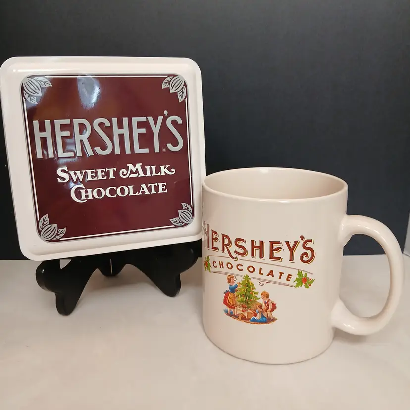 Hershey's Chocolate Christmas Mug - Lg, Vintage AND Vintage Hershey's Chocolate Square TIn