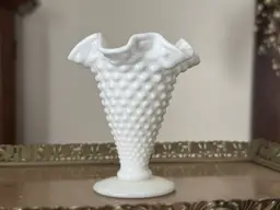 Vintage Fenton Milk Glass Hobnail Trumpet Vase Ruffled Edges