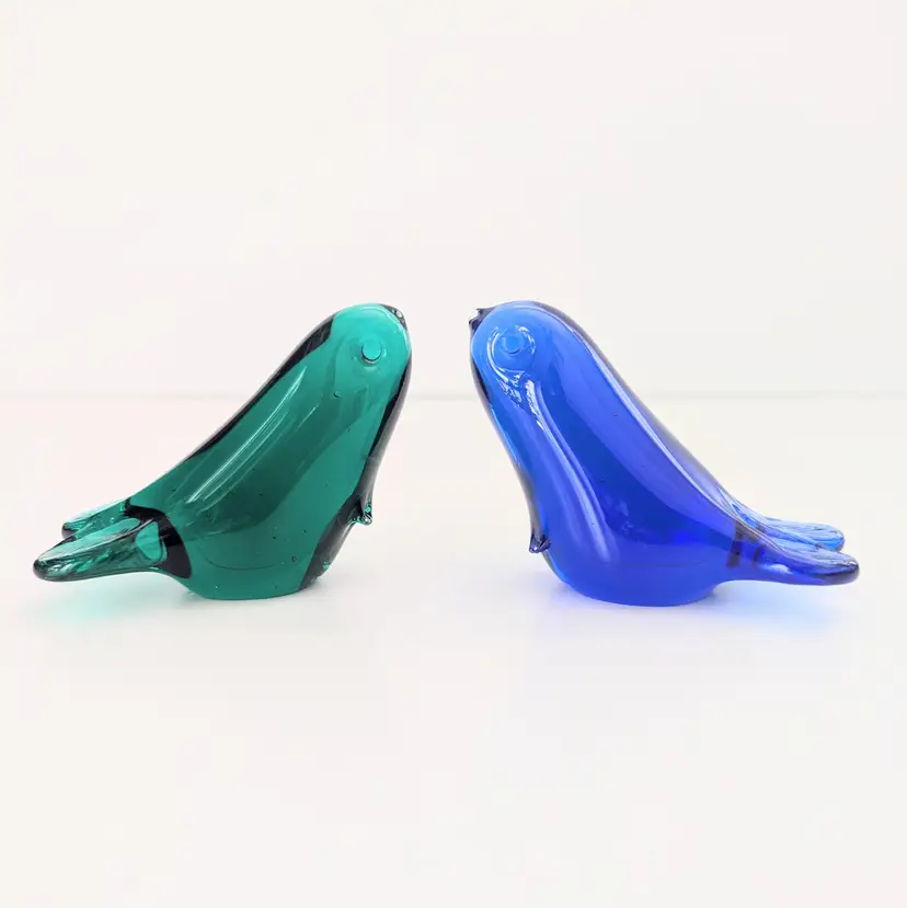Pair Of Glass Seals Sea Lions Birds Figurines Emerald Green and Cobalt Blue