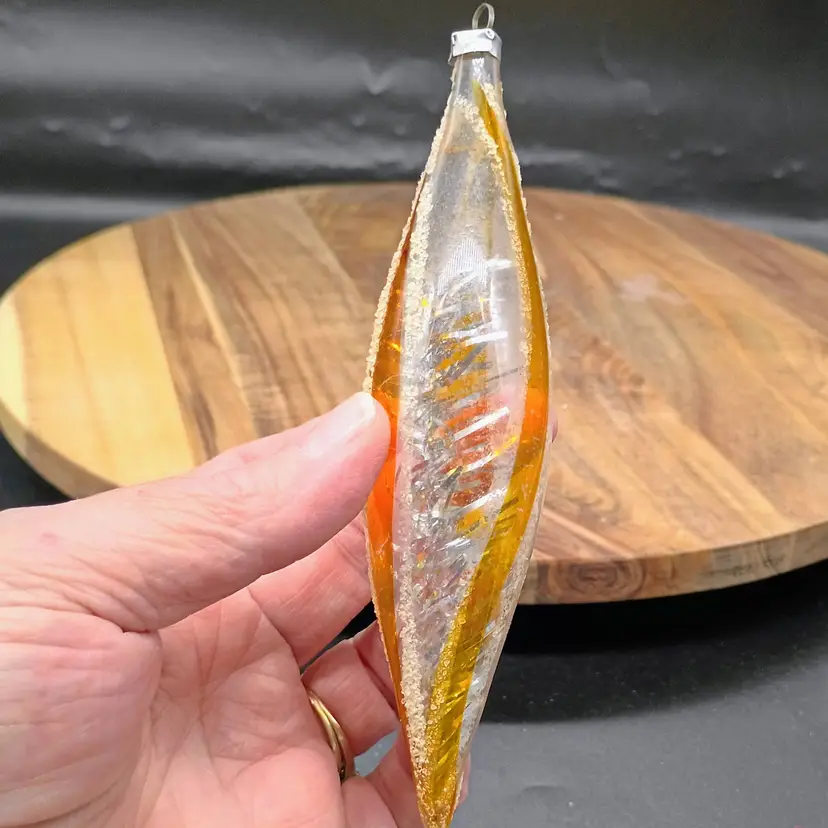 1940's Nonsilvered Torpedo Icicle Ornament with Inside Tinsel Gold Striped Clear.