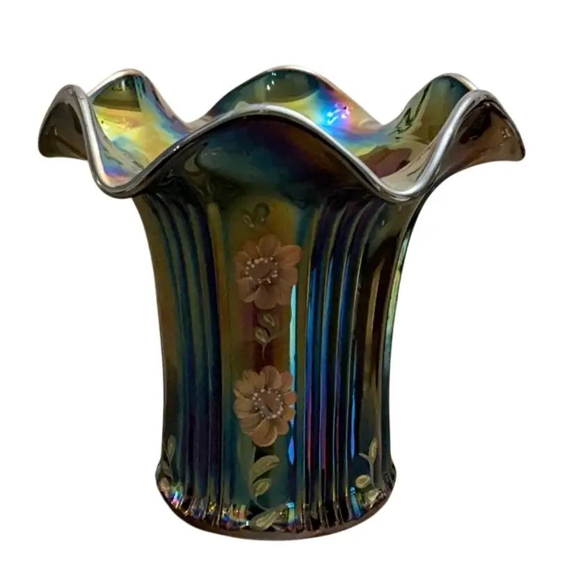 Fenton Amethyst Iridized Ribbed Vase HP By Julia Powell 6” X 6 1/4”