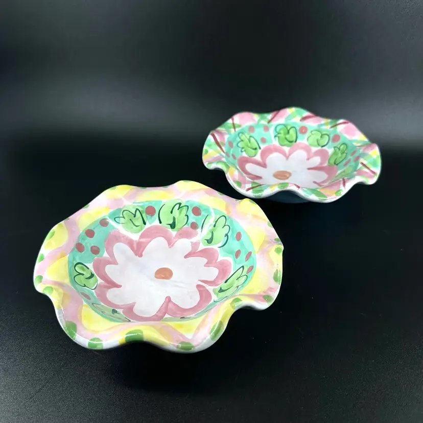 Set 2 Red Ware Studio Pottery Floral Bowls Signed