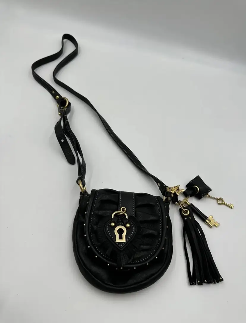 JUICY COUTURE Leather mini bag black crossbody key heart dongle studded Y2K