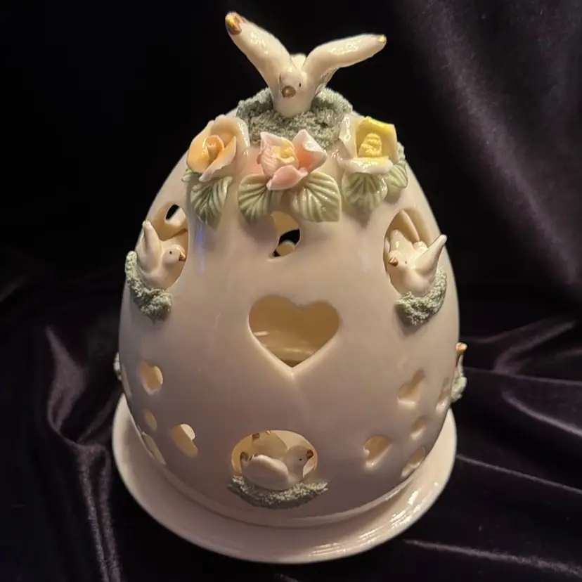 Easter Egg Luminary Tea Light / Votive Candle Holder Ceramic Doves, Flowers, & Hearts Vintage