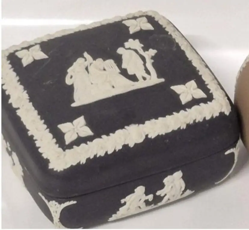 Vintage Wedgwood White on Black JasperwareTrinket Box - 4 x 4 x 2 Inches