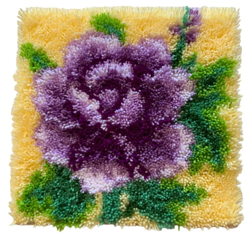 Completed Latch Hook Pillow Cover, Purple Flower 15 X 15”. Floral